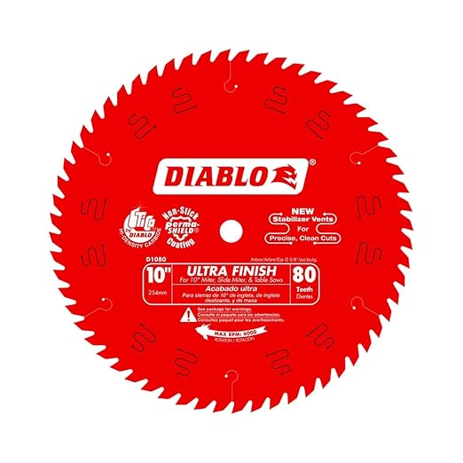 Diablo Ultra Finish Saw Blade for Wood - 10" Diameter, 80 Hi-ATB Teeth, 5/8" Arbor, .098" Kerf, 15-Degree Hook Angle, .071" Plate, 6000 Max RPM - D1080X