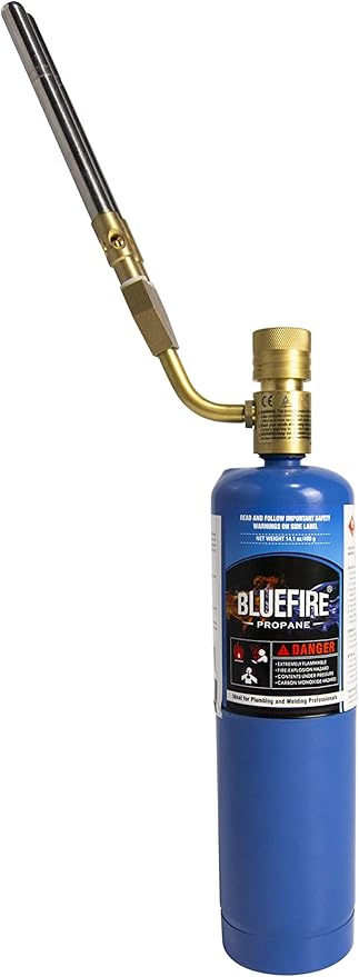 BLUEFIRE Double Flame Jet Turbo Torch Head with Porpane Kit High Output 17060 BTU Full Metal Heavy Duty Manual Ignition Gas Welding Dual Tubes Nozzle Fuel by MAP Propane Brazing Soldering Flamethrower