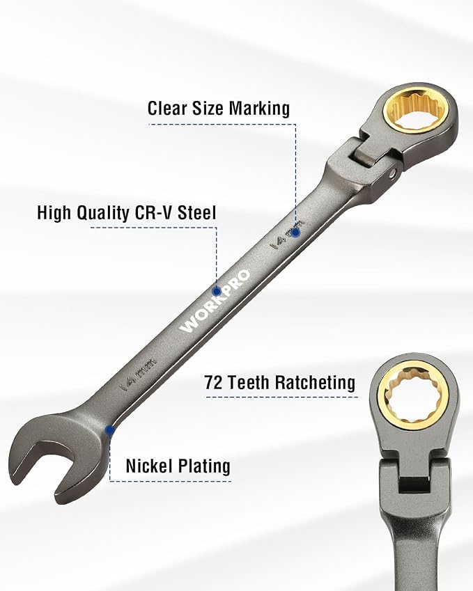 WORKPRO 14 mm Flex-Head Ratcheting Combination Wrench, Nickel Plating | Cr-V Constructed, 72-Teeth, 12 Point Design, Metric, For Home Improvement, Auto Repairs, Plumbing, Constructions, Machinery