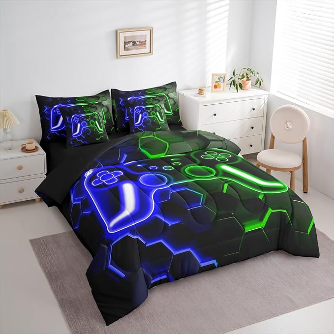 Erosebridal Gamer Bed in a Bag King Size Comforter Set 7 Pieces, Neon Honeycomb Gaming Bedding Sets Video Game Console Comforter and Sheet Set, Blue Green Hexagon Lights Room Decor,Kids Room Decor