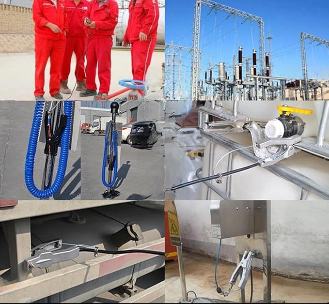 Ground Cable Clamp, 16.4ft Coiled Grounding Cable, Aluminum Alloy Anti Static Grounding Clamp, 3 Copper Nails, Clamps 23mm, for Gas Station Oil Depot Tank Chemical Plant