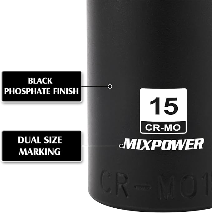 MIXPOWER 1/4" Drive Deep Magnetic Impact Socket Set with Storage Rails, 14-Piece, 6 Point, 4-15mm, Metric, CR-MO