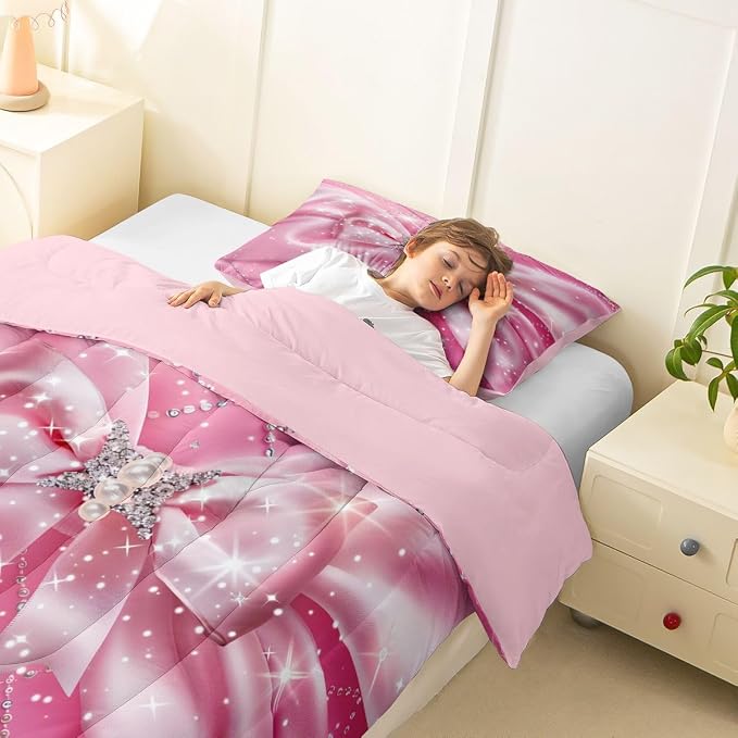 Feelyou Pink Bowknot Comforter Set All Season Ribbon Glitter Bow Bedding Set with 1 Pillow Cases Dreamy Princess Microfiber Kids Twin Bedclothes Bedroom Decor Duvet Quilt Breathable Soft Lightweight