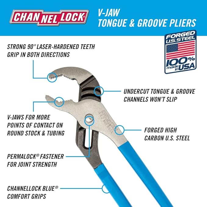 Channellock Tongue & Groove Plier 442 - V-Jaw, High Carbon Steel - 12 Inch
