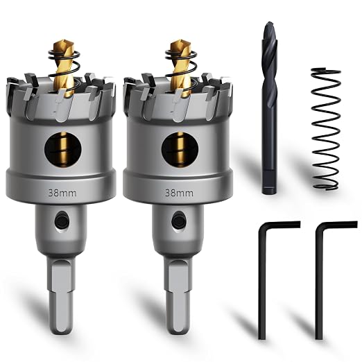 Metal Hole Saw 1-1/2''(38mm) 2Pcs Set Heavy Duty Tungsten Carbide Tipped Hole Cutters Set with a nitrided Step Drill and L-flench, for Steel Iron,Aluminum,Stainless stell