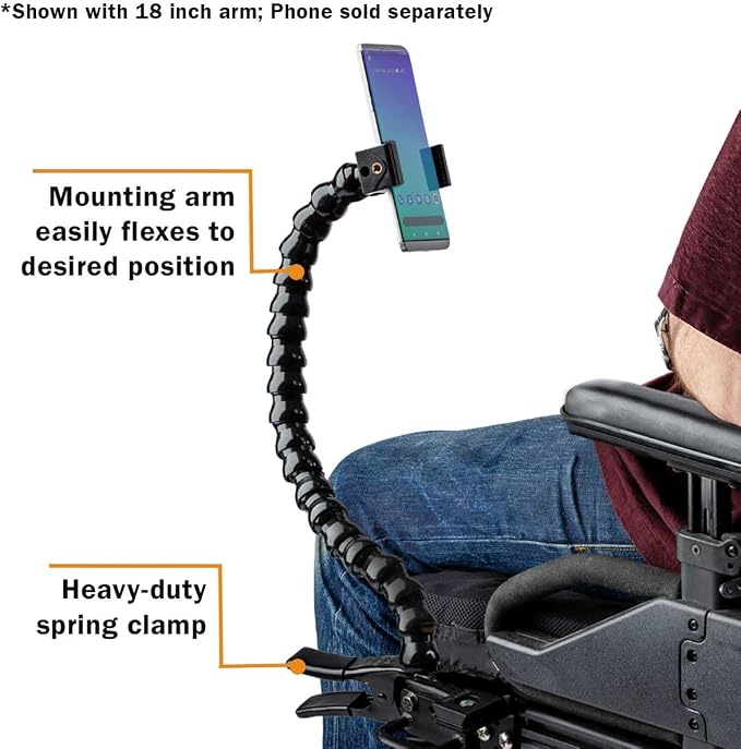 MOGO ModularHose Assistive Technology Phone Holder with Heavy-Duty Spring Clamp (Opens to 2"), 18 Inch Arm