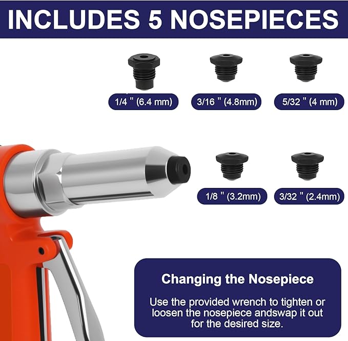Wadoy Heavy Duty Air Rivet Gun, 3924 LBF Professional Pneumatic Pop Riveter with 5 Nosepieces (3/32", 1/8", 5/32", 3/16", 1/4"), Air Hydraulic Rivet Tool for Automotive, Metal Work & Industrial Use