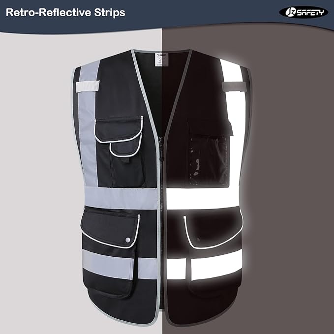 JKSafety 9 Multi-Functional Pockets Zipper Front Safety Vest With Reflective Strips Meet ANSI/ISEA Standards (150-Black, 3X-Large)