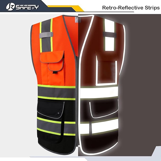 JKSafety 9 Pockets High Visibility Dual Color Zipper Front MESH Lite Safety Vest | Yellow Color Triming Reflective Strip | ANSI/ISEA Standards (100-Orange-Black, M)
