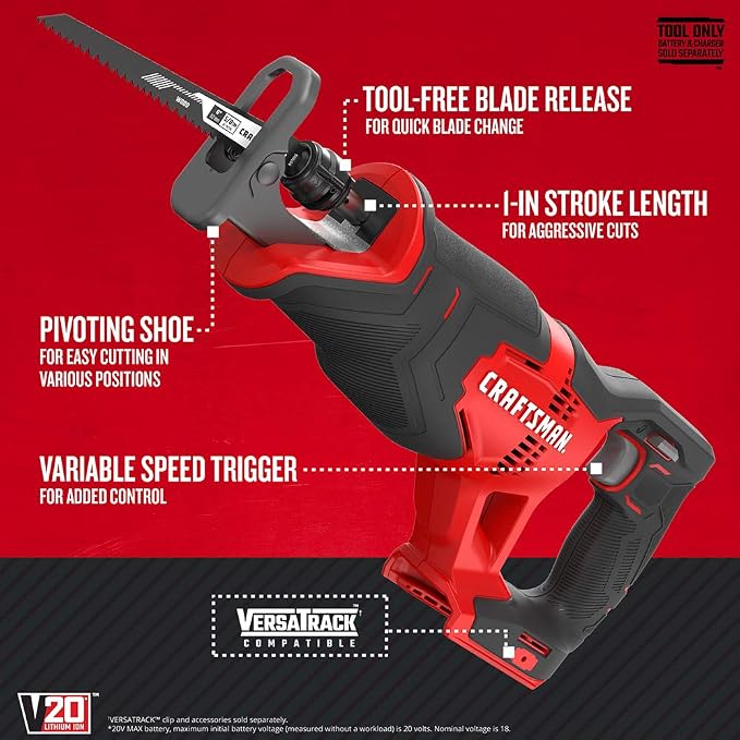 CRAFTSMAN V20 Reciprocating Saw, Cordless, 3,000 RPM, Variable Speed Trigger, Quick Easy Blade Change, Bare Tool Only (CMCS300B)