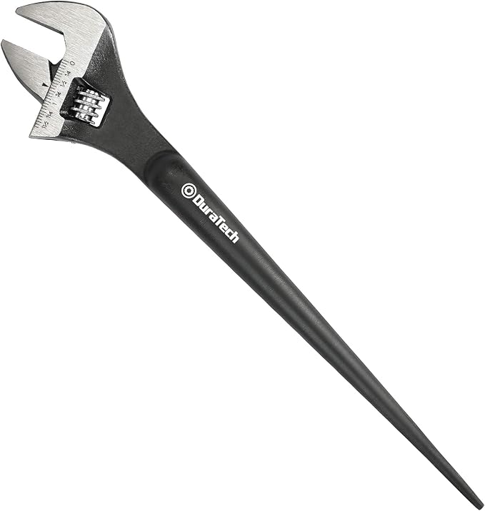 DURATECH 12-Inch Adjustable Construction Spud Wrench | Black Oxide Finish, CR-V Steel, SAE and Metric Scale Marked, Alignment Holes and Tail Crowbar Features