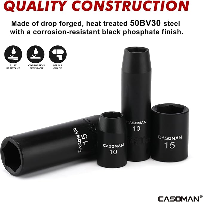 CASOMAN 27 Pieces 3/8-Inch Drive Impact Socket Set, Deep & Shallow, Metric (7mm - 19mm), 6 Point, CR-V Steel