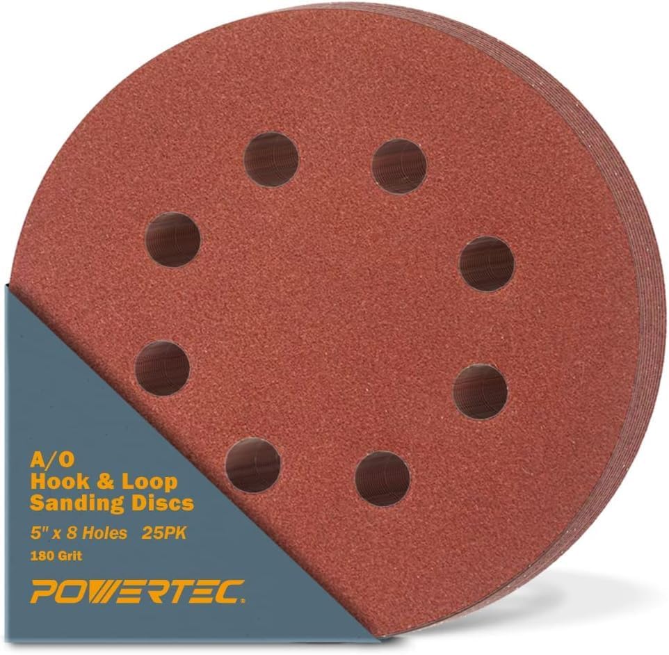 POWERTEC 45018 5 Inch 8 Hole Hook and Loop Sanding Discs, 180 Grit, 25 PK, Sandpaper for Random Orbital Sanders (Pack of 5)