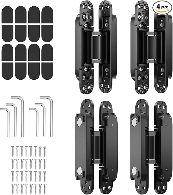 4-Pack 7 inch Hidden Hinges for Doors Invisible Hinges Concealed Zinc Alloy 180 Degree Swing 3 Way Adjustable Butt Silent Door Hinge 7 x 2.8 x 1 inch (Black