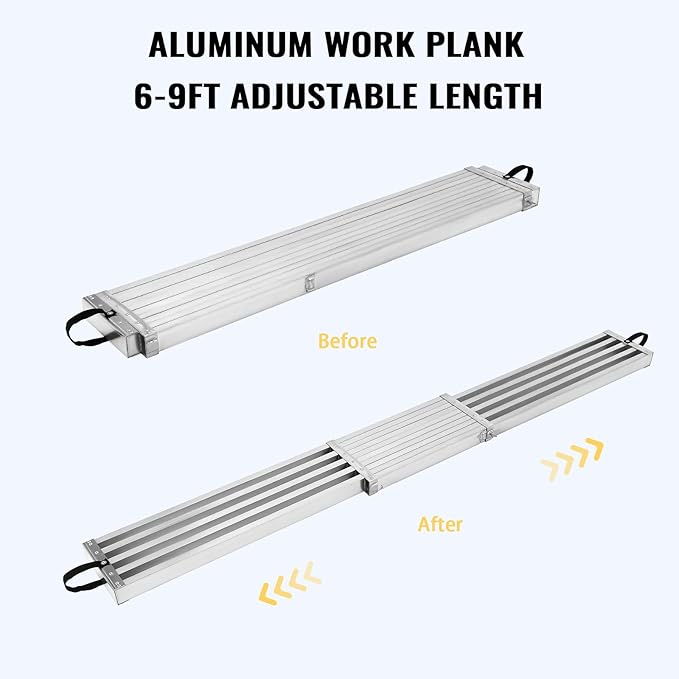 Telescoping Aluminum Work Plank - Adjustable Scaffolding Platform, 440lbs Capacity, Skid-Proof Surface, Professional Ladder Accessory for Home Renovation - Size: 6FT-9FT