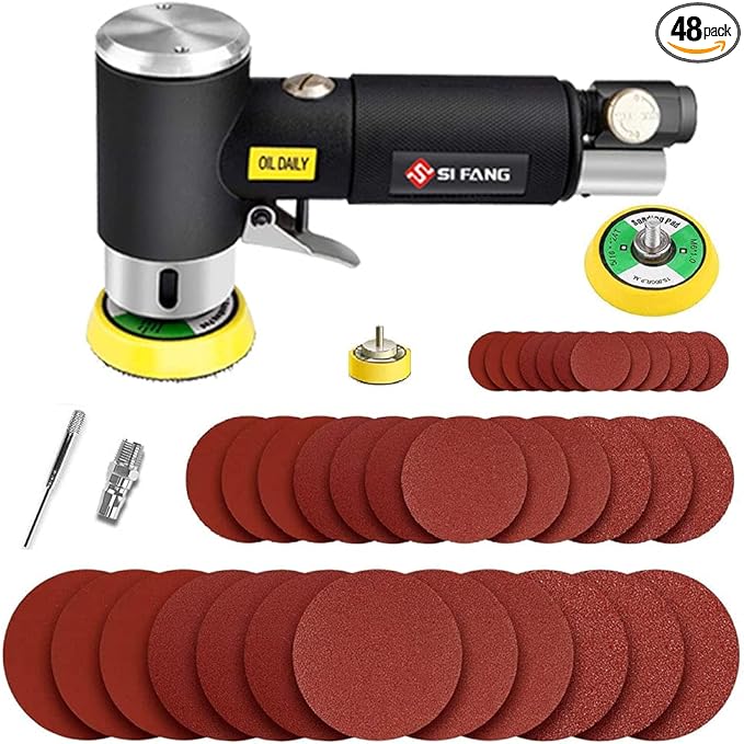 Mini Air Sander 1/2/3 Inch Pneumatic Small Orbital Sander for Auto Body Work, Mini Polisher with 45PCS Sanding Discs + 3PCS Backing Pads, Air Powered
