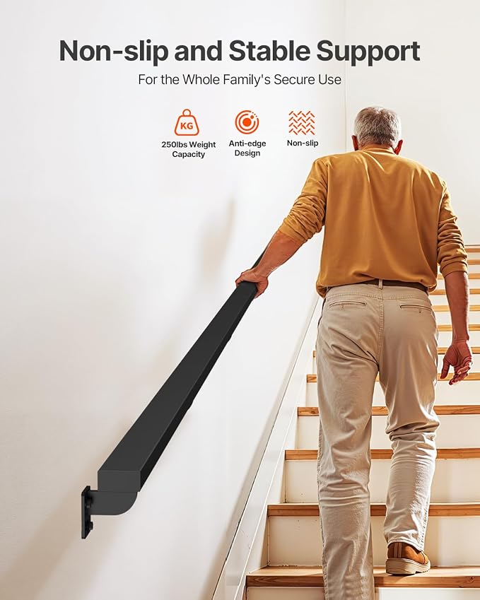 VEVOR Wall Mounted Stair Handrail, 15ft Black Aluminum Staircase Handrail Indoor, 250lbs Load Capacity, Industrial Railing Hand Rail for Steps, Square Tube for Loft Porch Deck, 6 Sections