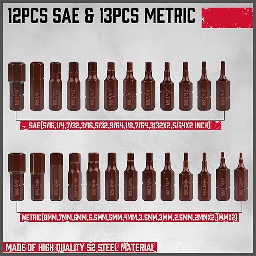 Premium 25-Piece Allen Key Drill Bit Set - Durable Allen Wrench Bits with Strong Magnetic Tips, SAE & Metric Hex Keys