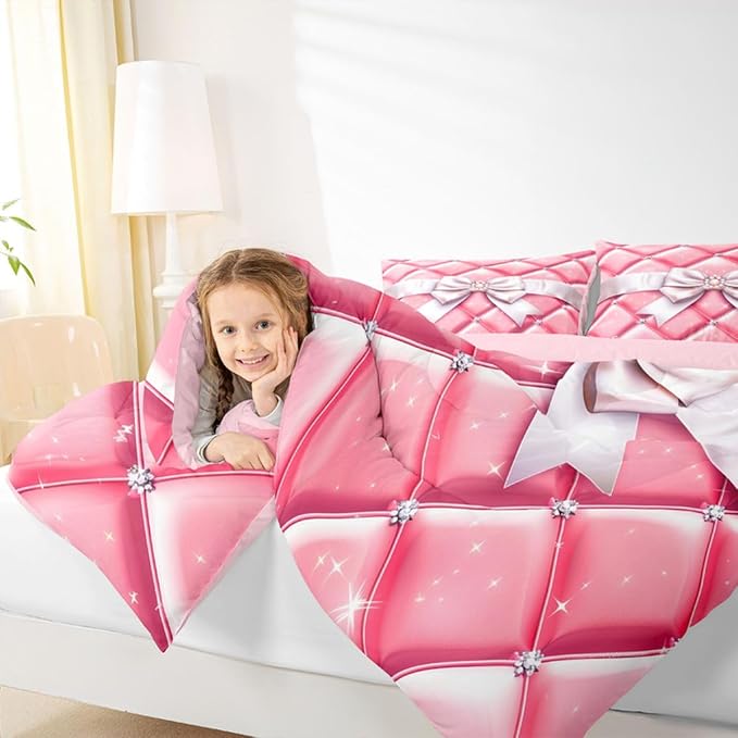 Feelyou Bow Comforter Set All Season Geometry Bowknot Bedding Set with 2 Pillow Cases Glitter Microfiber Kids King Bedclothes Bedroom Decor Duvet Quilt Breathable Soft Lightweight