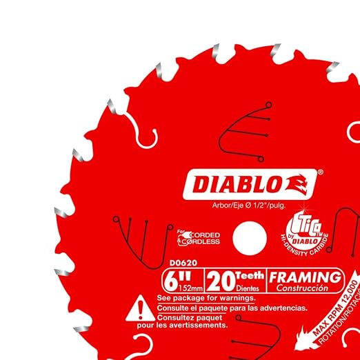 Diablo Framing Saw Blade for Wood - 6" Diameter, 20 ATB Teeth, 1/2" Arbor, .049" Kerf, 18° Hook Angle, .039" Plate, 12000 Max RPM - D0620X