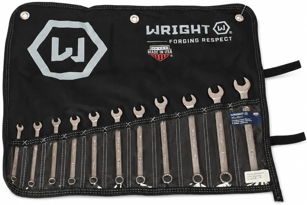 Wright Tool 750 Combination Wrench Set 12 Point Metric Satin Finish 11 Piece 7MM-19MM Forged Steel USA Made Anti-Slip Wright Grip 2.0