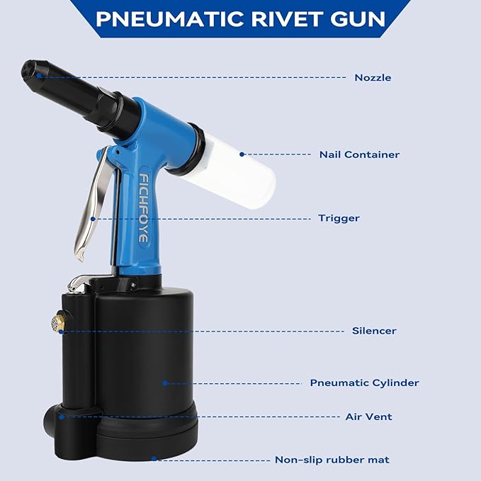 Heavy Duty Pneumatic Rivet Gun, 3500 lbf Rivet Gun Set- 3/32", 1/8", 5/32", 3/16" Air Riveter with NPT 1/4 inch for Automotive, Construction, Manufacturing Industries