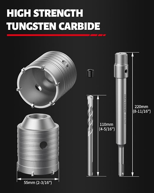 DAYDOOR 2-3/16" (55mm) Concrete Hole Saw with SDS Plus Shank Adapter, Tungsten Carbide Tipped Masonry Hole Saw, Heavy Duty Concrete Core Drill Bit for Brick, Cement Wall, and Stone