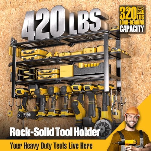 Spampur 420LB Capacity Power Tool Organizer with Charging Station & 6 Outlets | Quick Assembly 4-Layer Heavy Duty Rack for Drills & Batteries | Ultimate Garage Storage & Christmas Gift for Men