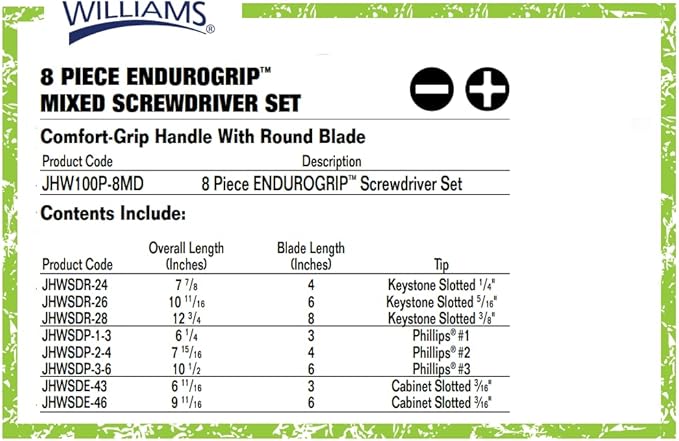 Williams 8-Piece Endurogrip Multi-Size Screwdriver Set, Keystone Slots Hex Bolster & Phillips, Comfort Grip Prevents Slippage, Extra Strength Steel Chrome Blades