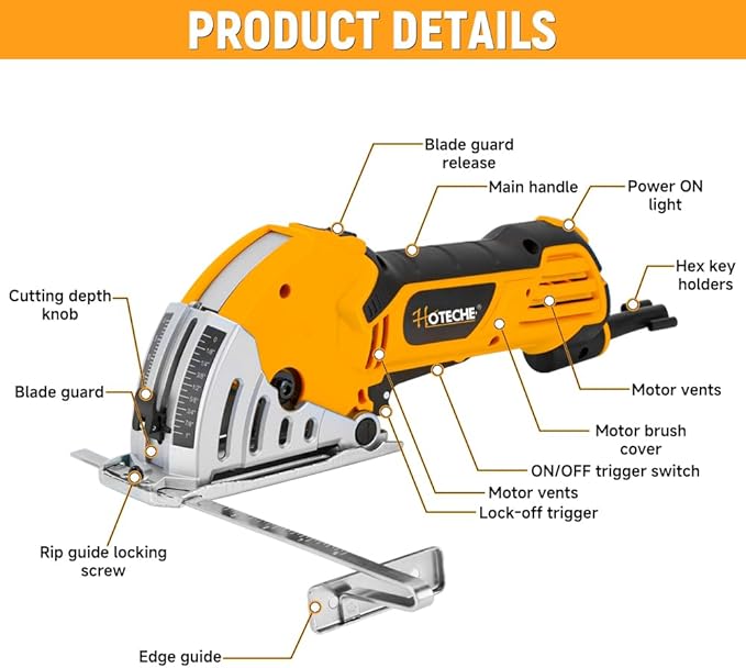 Hoteche 3-3/8-Inch Mini Circular Saw, 500W Compact Electric Circular Saw with 2pcs Blades for Wood, Tile & Soft Metal, Includes Dust Tube, and Parallel Guide