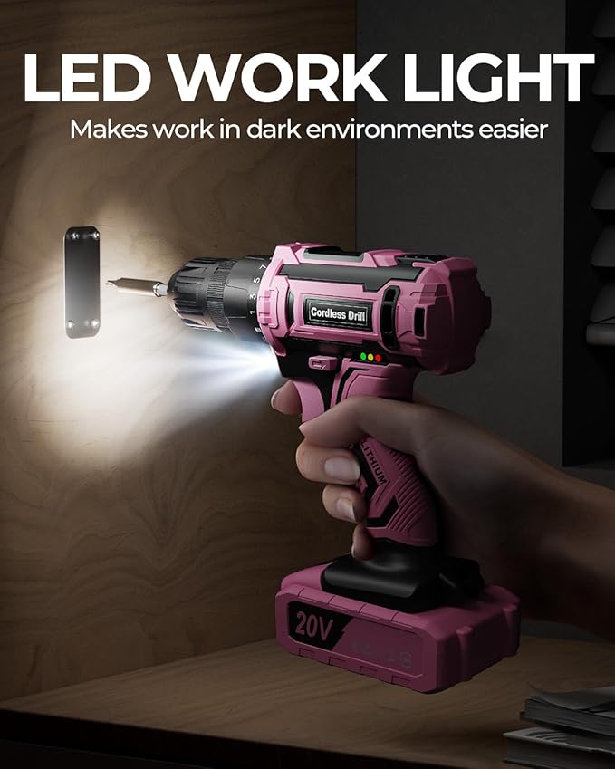 Pink Cordless Drill Set, VIWKO 20V Electric Power Drill for Women, Lightweight Electric Screwdriver Driver with Power Pack & Charger, 3/8" Keyless Chuck, Womens Tool Kit for House