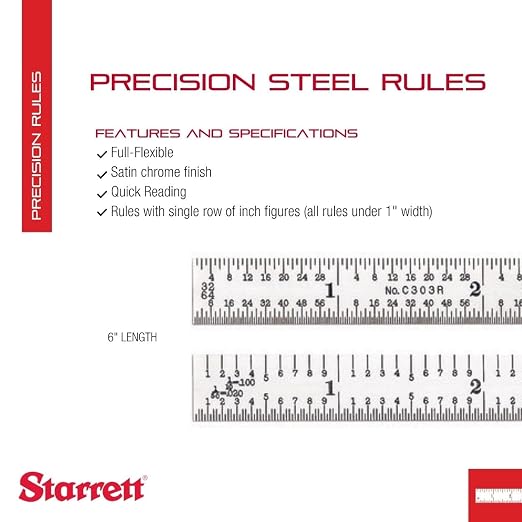 Starrett Full Flexible Steel Rule with Satin Chrome Finish, Quick Reading and Inch Graduation - 3R Graduation, 6" Length, 1/64" Thickness - C303R-6