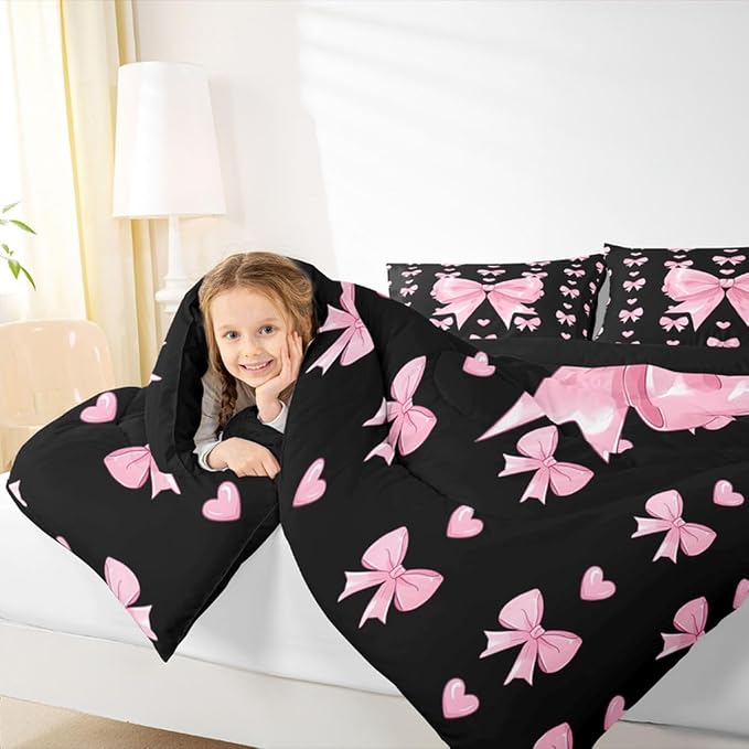 Feelyou Cute Black Pink Bowknot Kids Comforter Set Queen Size Love Hearts Bow Bedding Set Girly Bow Tie Duvet Quilt for Kids Boys Girls Bedroom Decor Microfiber Ultra Soft Breathable