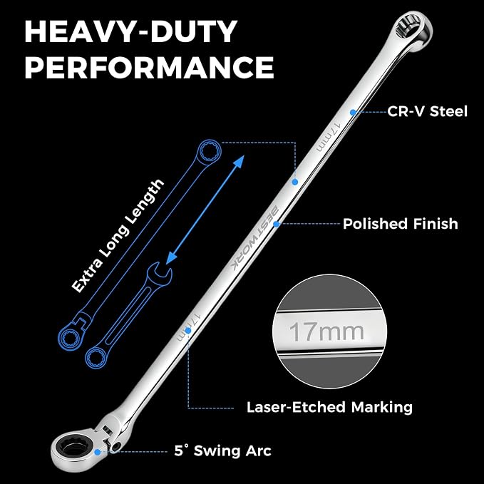 16.5" Long Flex Head Nano Ratchet Wrench & 19 Pcs 3/8" Nano Impact Sockets | Dual-Head Design, Laser-Etched Markings, 6-24mm, Metric, for Automotive, Bicycle & Industrial Use, Storage Case