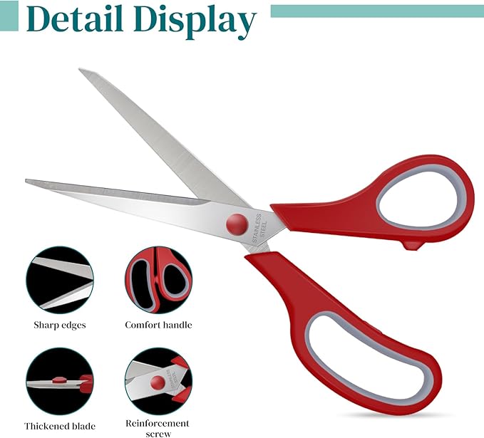 6 Packs Sewing Craft Scissors Bulk,8" Multipurpose Heavy Duty Sharp Scissors,Stainless Steel Shears for Home Office Student Supplies,Red