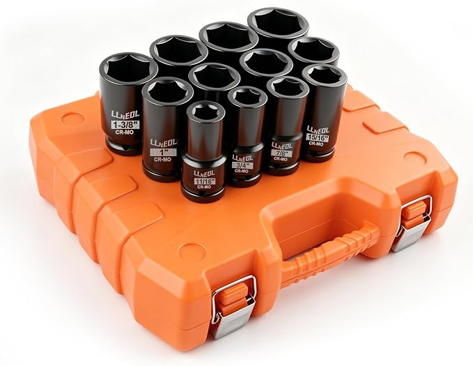 LLNEDL 3/4 Inch Drive Socket Set, 12Pcs Impact Deep/Jumbo Sockets, Standard SAE 11/16" to 1-5/8", 6-Point CR-MO Heavy-Duty Big Socket Set for Large Vehicle & Equipment Maintenance