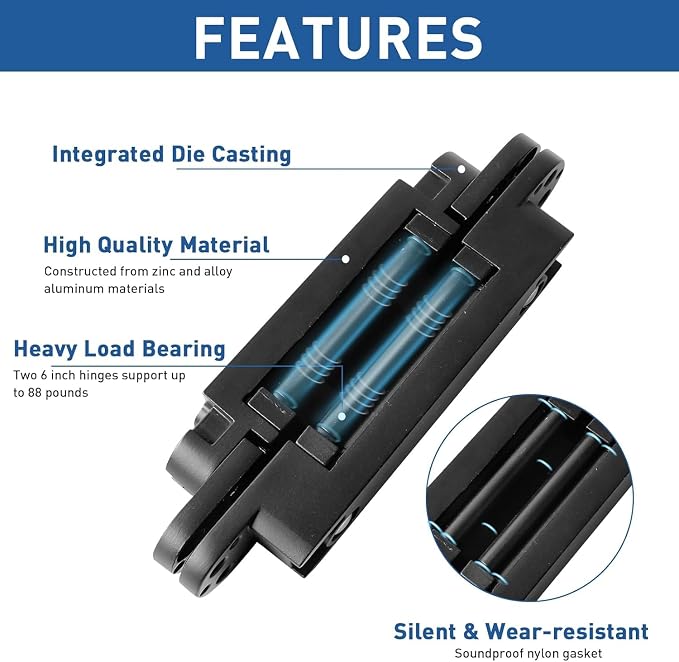 TamBee 6inch Hidden Door Hinges Invisible Hinges Concealed Hinges Zinc Alloy 180 Degree Swing Hinge 3 Way Adjustable Butt Hinge 6 x 2.5 x 1 inch Black (2 Pack)