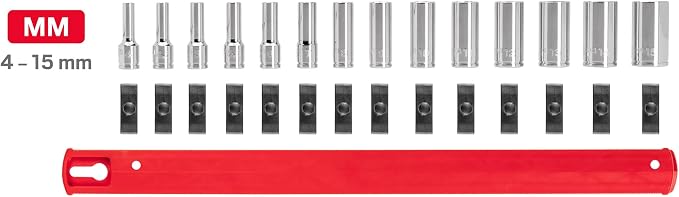 TEKTON 1/4 Inch Drive 12-Point Socket Set, 14-Piece | SHD90118 | (4 - 15 mm), Semi-Deep, Socket Rail