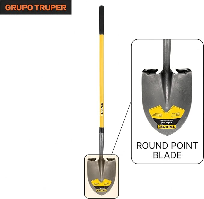 Truper Tru Pro Round-Point Shovel, 48-Inch Fiberglass Handle with 9-Inch Grip, Heavy-Duty Professional Digging & Gardening Shovel (Model PRL-F / 31198)