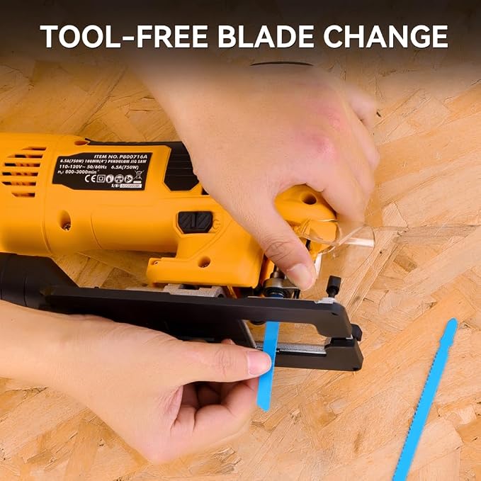 Hoteche 6.5-Amp Jig Saw Corded 6 Vriable Speed Jigsaw with LED Light and 2Pcs of Blades