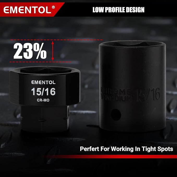 EMENTOL 1/2" Drive Low Profile Nano Impact Socket Set, SAE 3/8"-1", 11PCS Stubby Sockets, CR-MO Steel, No Skips Sizes, with Plastic Case
