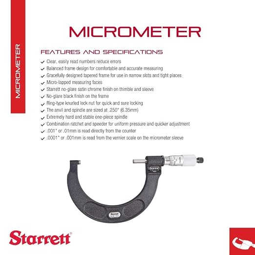 Starrett Digital Micrometer with One-Piece Spindle, Satin Chrome Finish and Tapered Frame - Quick and Easy Adjustment, 3-4" Range, .0001" Graduation - T216XRL-4