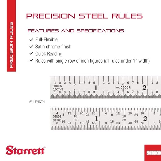 Starrett Full Flexible Steel Rule with SLC, Satin Chrome Finish, and Quick Reading - 5R Graduation, 6" Length, 1/64" Thickness - C305R-6 W/SLC