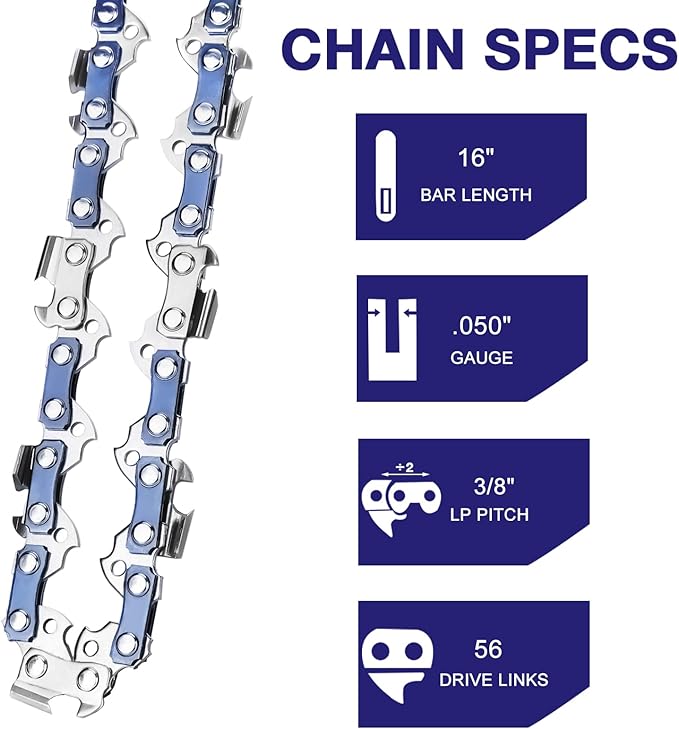 4 Pack 16 Inch Chainsaw Chain 3/8" LP Pitch .050'' Gauge 56 Drive Links fits Craftsman, Poulan, Echo, Greenworks and more