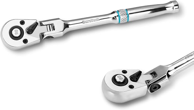 DURATECH 1/4-Inch Flex-Head Ratchet, 90-Tooth Quick-Release Ratchet Wrench | Socket Wrench with 180° Pivoting Head and 7-Position Setting, Reversible, CR-V Made, CR-MO Head, 4° Swing, Full Polished