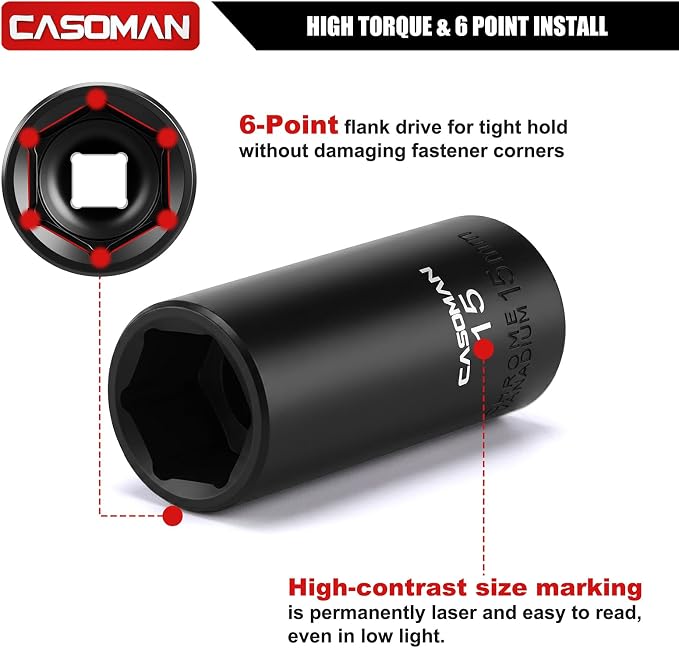CASOMAN 1/4 Inch Drive Master Impact Socket Set, 50-Piece, 6-Point, SAE/Metric, 5/32 Inch - 9/16 Inch, 4mm - 15mm, Standard/Deep,CR-V