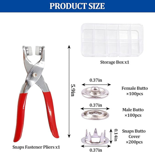 100 Sets Snaps Button Kit,Metal Snap Buttons with Fastener Pliers and Snap on Button Kit,Press Tool Kit Perfect for DIY Clothing and Crafts(Chrome,9.5mm)