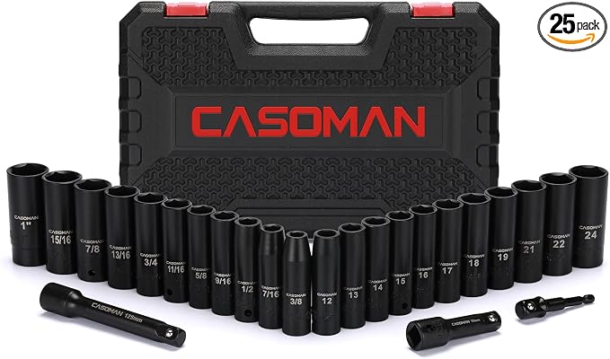 CASOMAN 25PCS 1/2" Drive Impact Socket Set, Deep, Cr-V Steel, 6 Point, Metric&SAE, 12mm to 24mm, 3/8 Inch to 1 Inch, Includes Extension Bars: 3-inch, 5-inch, 1/2-1/4 adapter