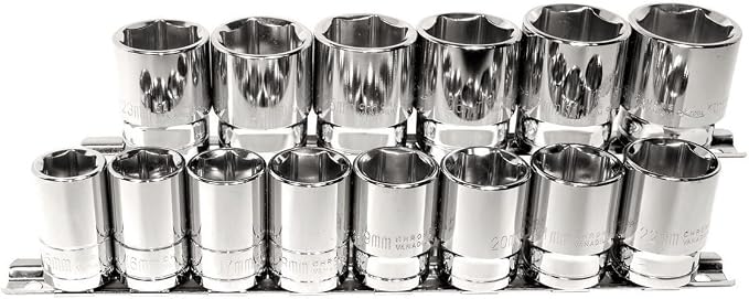 K Tool International 28100 Shallow Metric Socket Set with 1/2" Drive for Garages, Repair Shops and DIY, 6 Point, Heat-Treated, Chrome Vanadium Steel, 15mm to 28mm, Socket Rail, 14 Piece