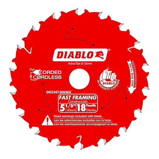 Diablo Fast Framing Saw Blade for Wood - Hi-Density Carbide - 5-1/2" Diameter, 18 ATB Teeth, 20mm Arbor, .049" Kerf, 18° Hook Angle, .039" Plate, 12000 Max RPM - D055018WMX